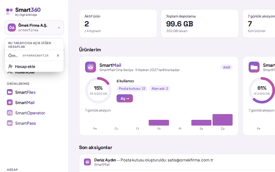 Account menu: "Other accounts open in this browser" and "Add account" (shown with demo data)