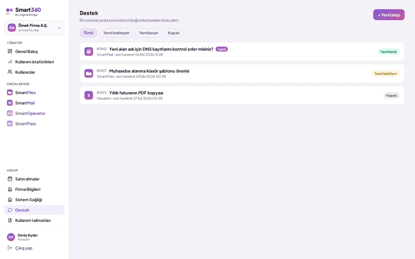 Support screen: ticket list and "+ New ticket" (with demo data)