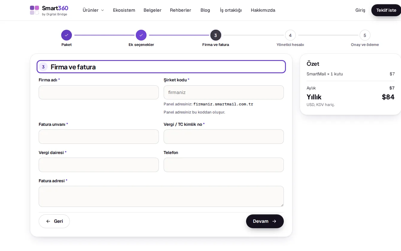 Buy step 3: Company and billing (sample data)