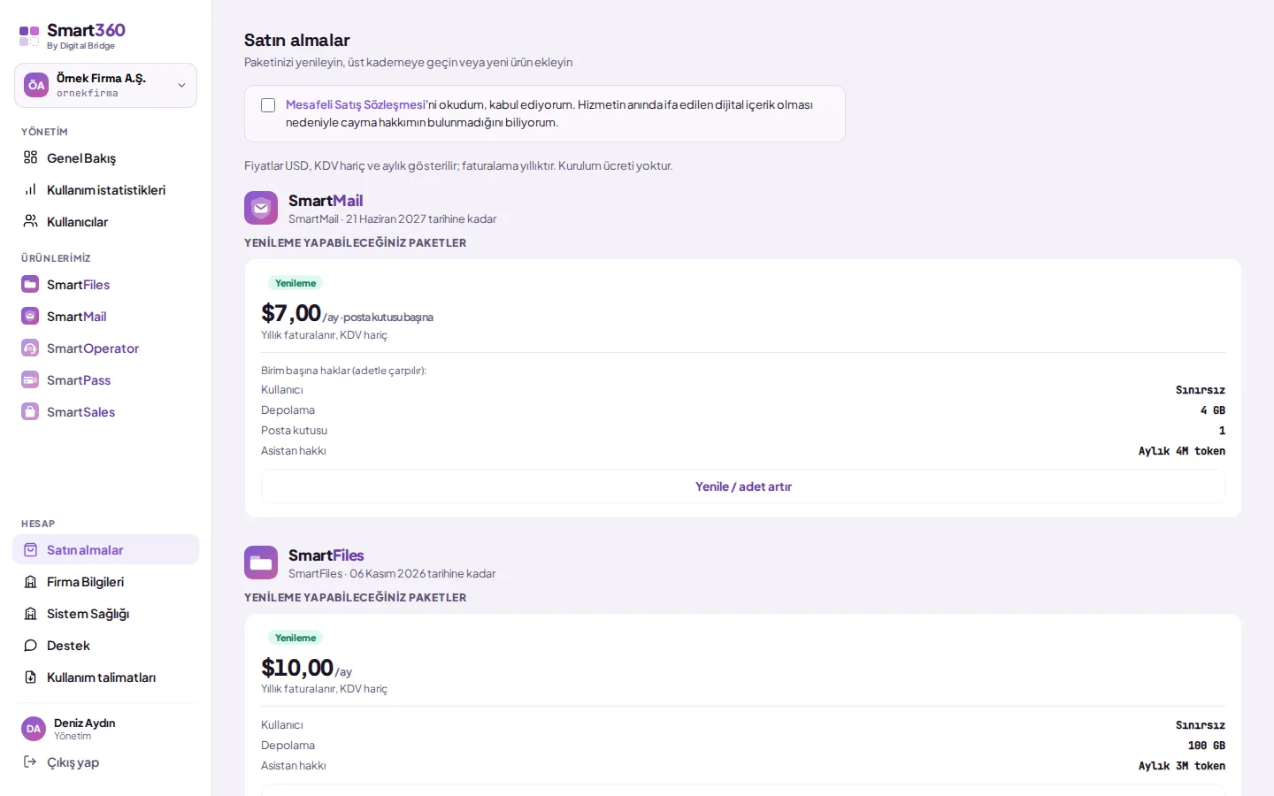 Purchases: plan card with quantity and add-on packs (sample data)