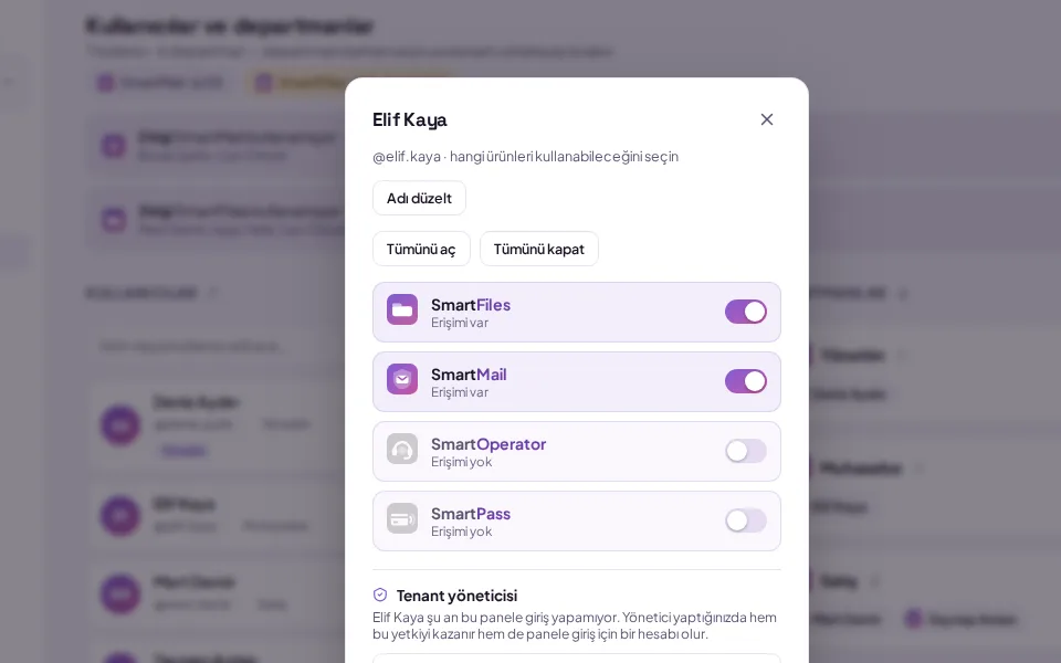 Person card: product access switches (with demo data)
