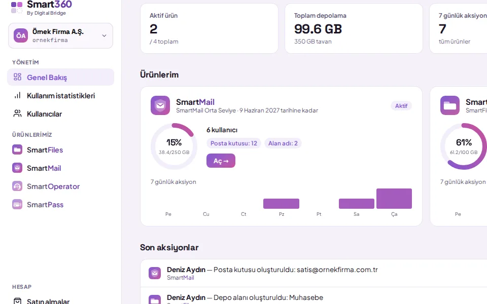Left menu: SmartMail and SmartFiles under "Our products" (with demo data)