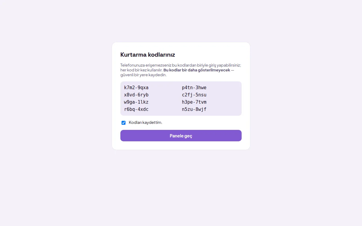 Recovery codes screen (with demo data)