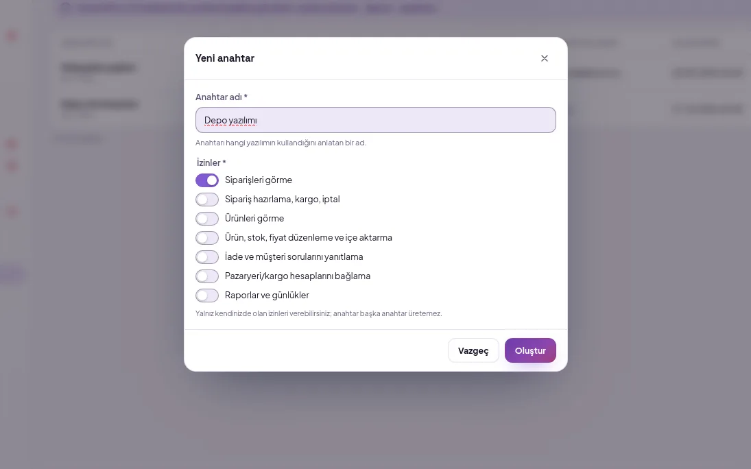Yeni anahtar penceresi: anahtar adı, izin seçimi ve Oluştur düğmesi (demo verisiyle)
