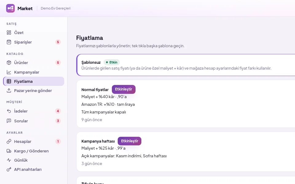 Fiyatlama: şablonlar ve döviz kuru (demo verisiyle)