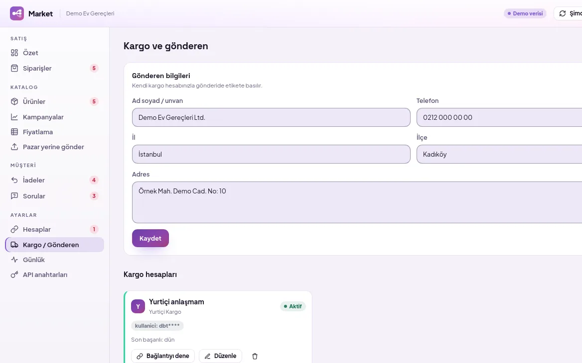 Kargo ve gönderen sayfası: gönderen bilgileri formu, Kaydet düğmesi ve kargo hesapları bölümü (demo verisiyle)