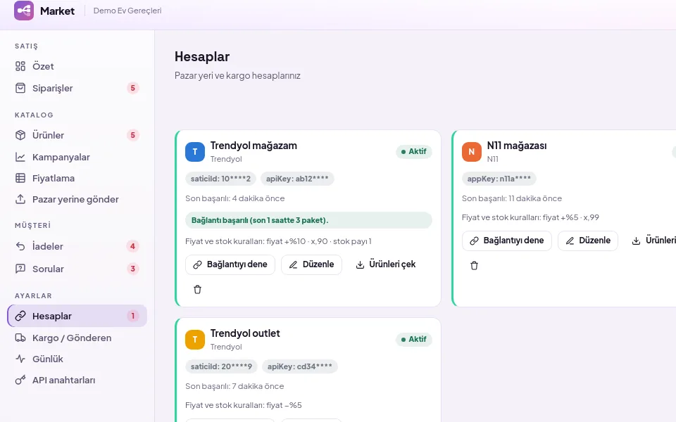 Hesaplar sayfası: hesap kartında durum rozeti, Bağlantıyı dene düğmesi, deneme sonucu ve Düzenle düğmesi (demo verisiyle)
