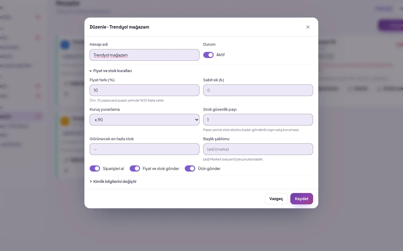 Hesap düzenleme penceresi: hesap adı, Aktif/Pasif durumu ve Kaydet düğmesi (demo verisiyle)