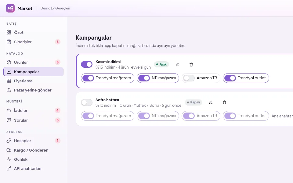 Kampanyalar: ana anahtar ve mağaza anahtarları (demo verisiyle)