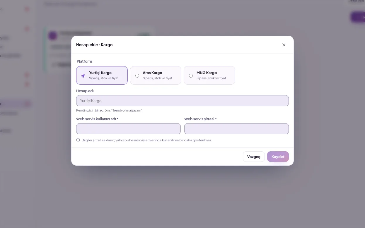 Kargo hesabı ekleme penceresi: kargo firması seçimi ve kimlik alanları (demo verisiyle)