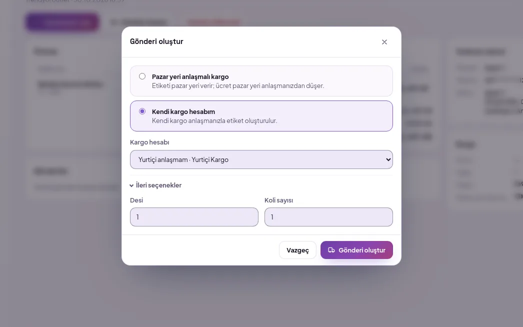 Gönderi oluştur penceresinde Kendi kargo hesabım seçili: kargo hesabı listesi, desi ve koli sayısı (demo verisiyle)