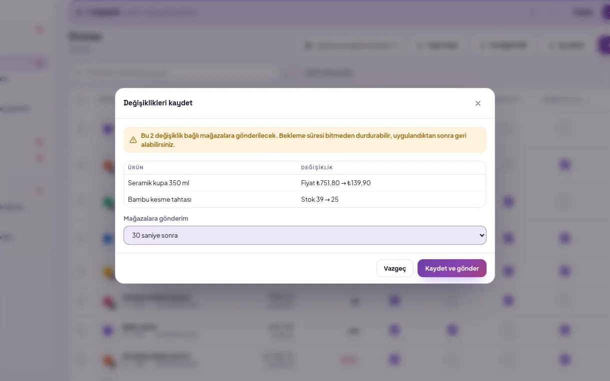 Değişiklikleri kaydet penceresi (demo verisiyle)