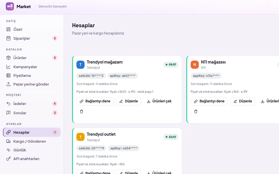 Hesaplar sayfasında pazar yeri hesap kartı ve Ürünleri çek düğmesi (demo verisiyle)